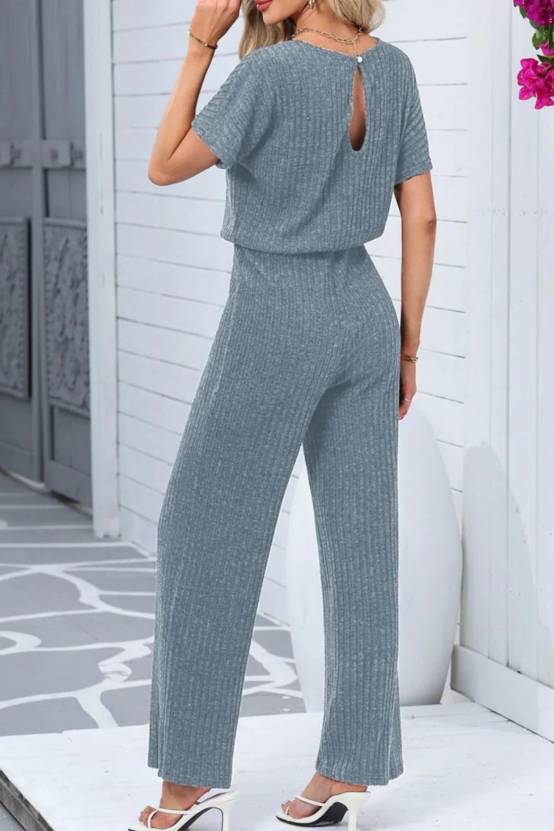 Ribbed Short Sleeve Wide Leg Jumpsuit - Q.B.Accessories