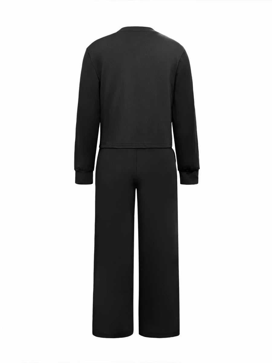 Solid Color Long Sleeve Top & Wide Leg Pants Set - Q.B.Accessories