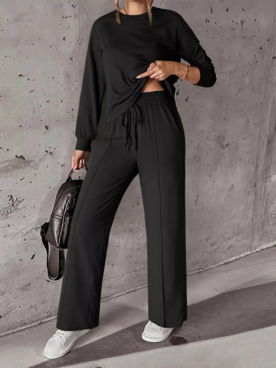 Solid Color Long Sleeve Top & Wide Leg Pants Set - Q.B.Accessories