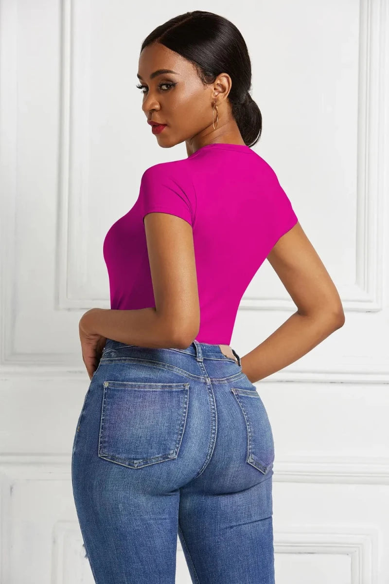 Round Neck Short Sleeve Bodysuit - Q.B.Accessories