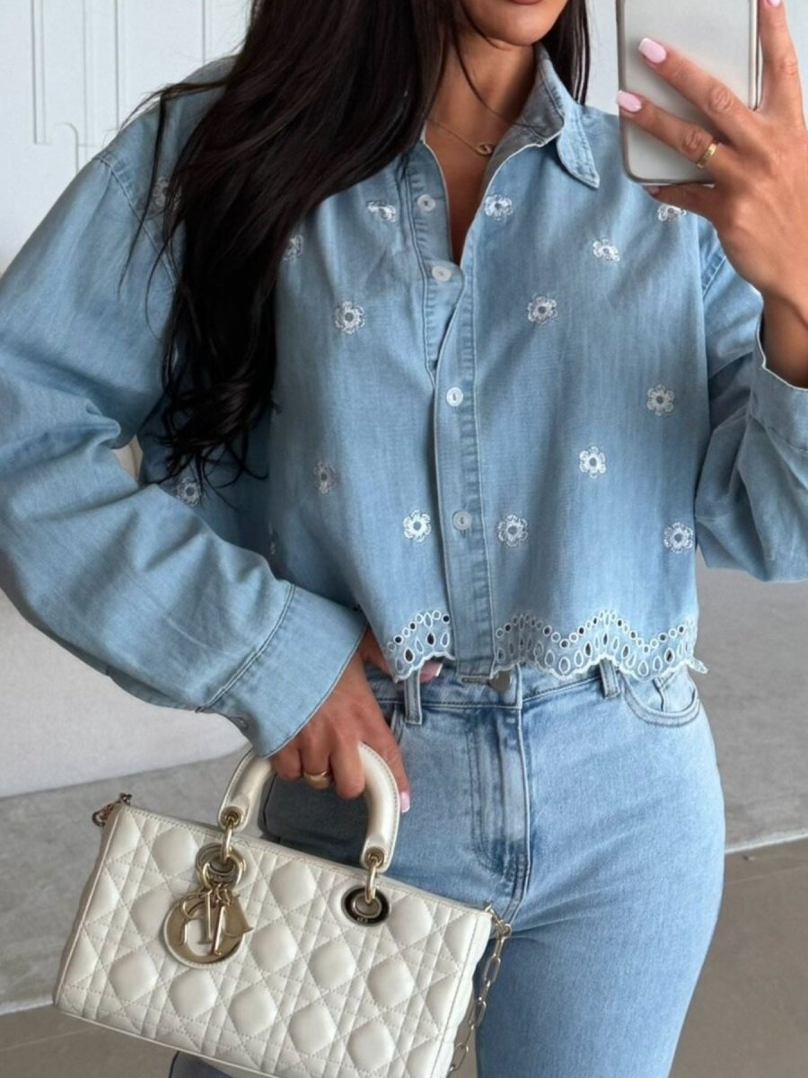 Embroidered Cropped Denim Shirt - Q.B.Accessories