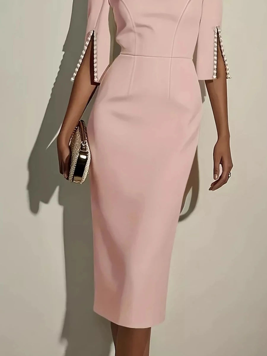 Slim - Fit Elegant Midi Dress with Beaded Slit Sleeve - Q.B.Accessories