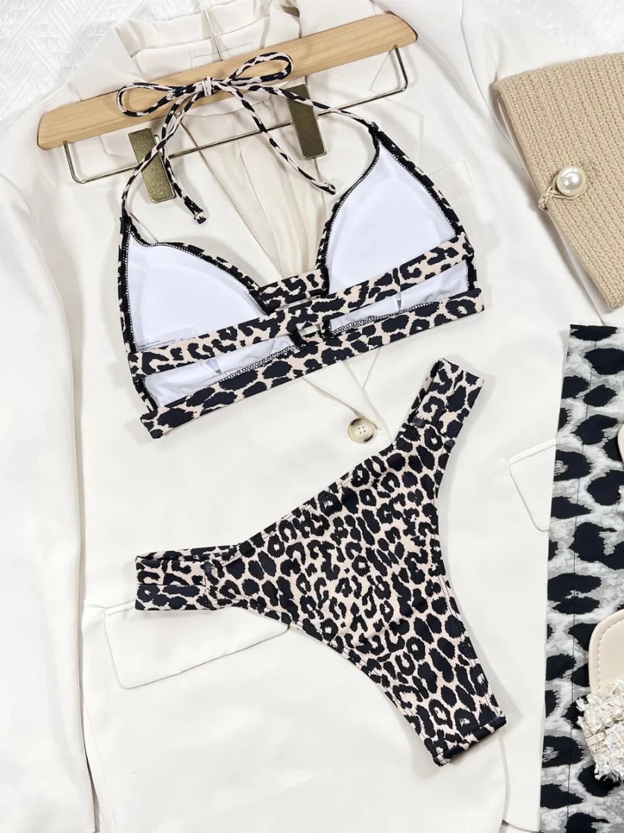 Leopard Cutout Halter Neck Bikini Set - Q.B.Accessories