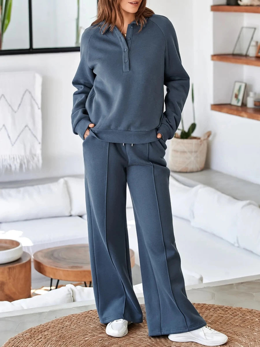 Collared Sweatshirt and High Waist Pants Active Set - Q.B.Accessories