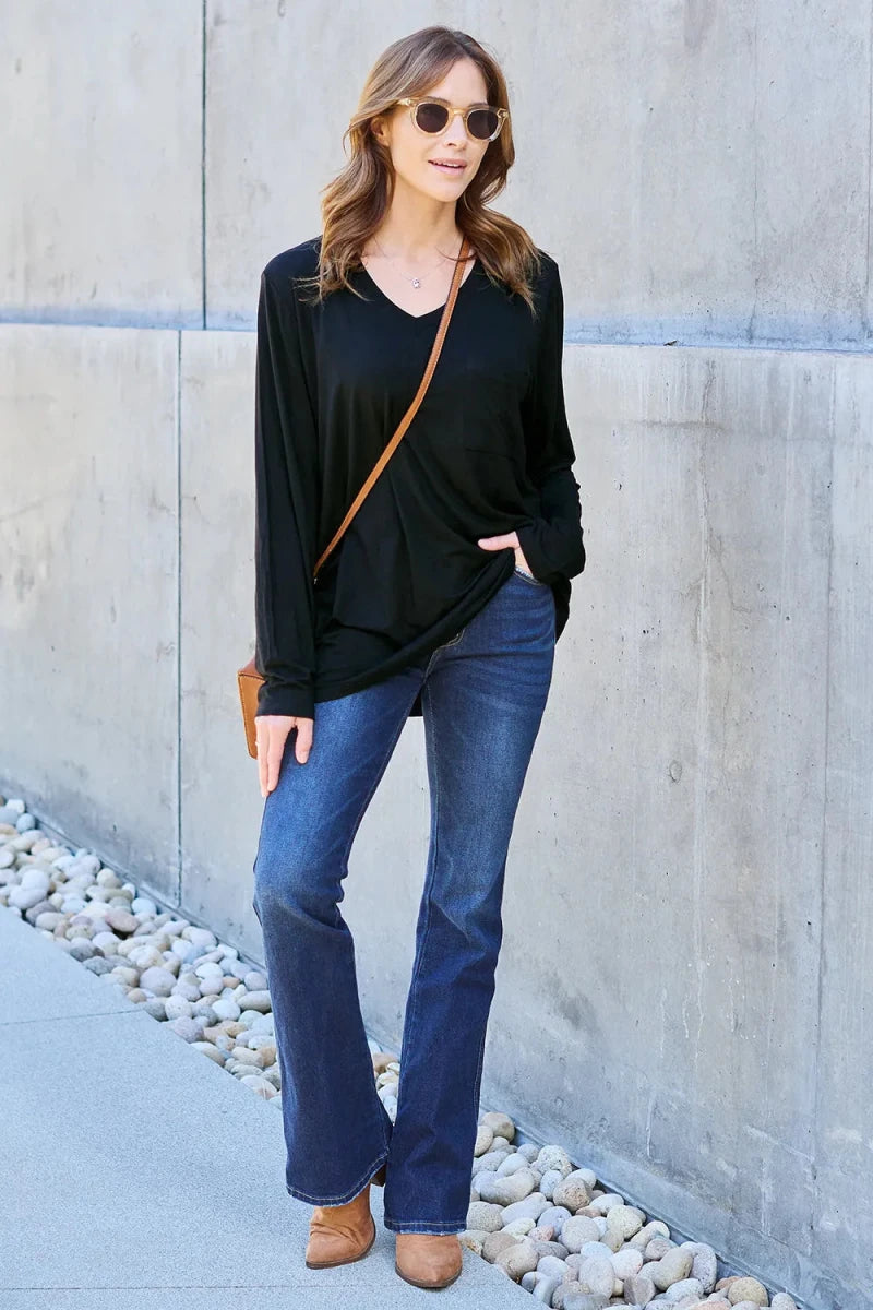 Essential V - Neck Long Sleeve Top – Everyday Comfort Fit | QBA - Q.B.Accessories