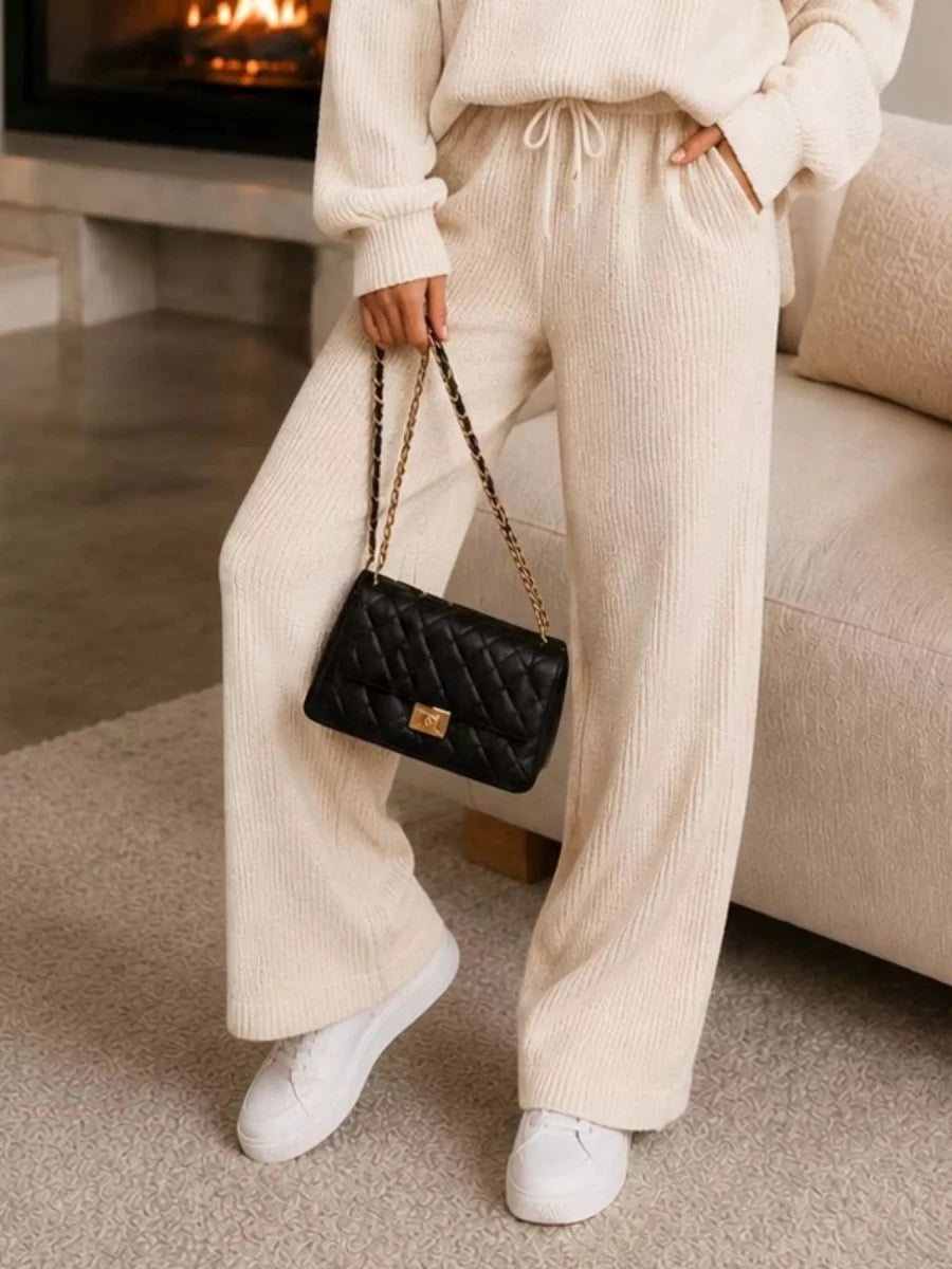 Ribbed Quarter-Zip Wide-Leg Pants Set - Q.B.Accessories