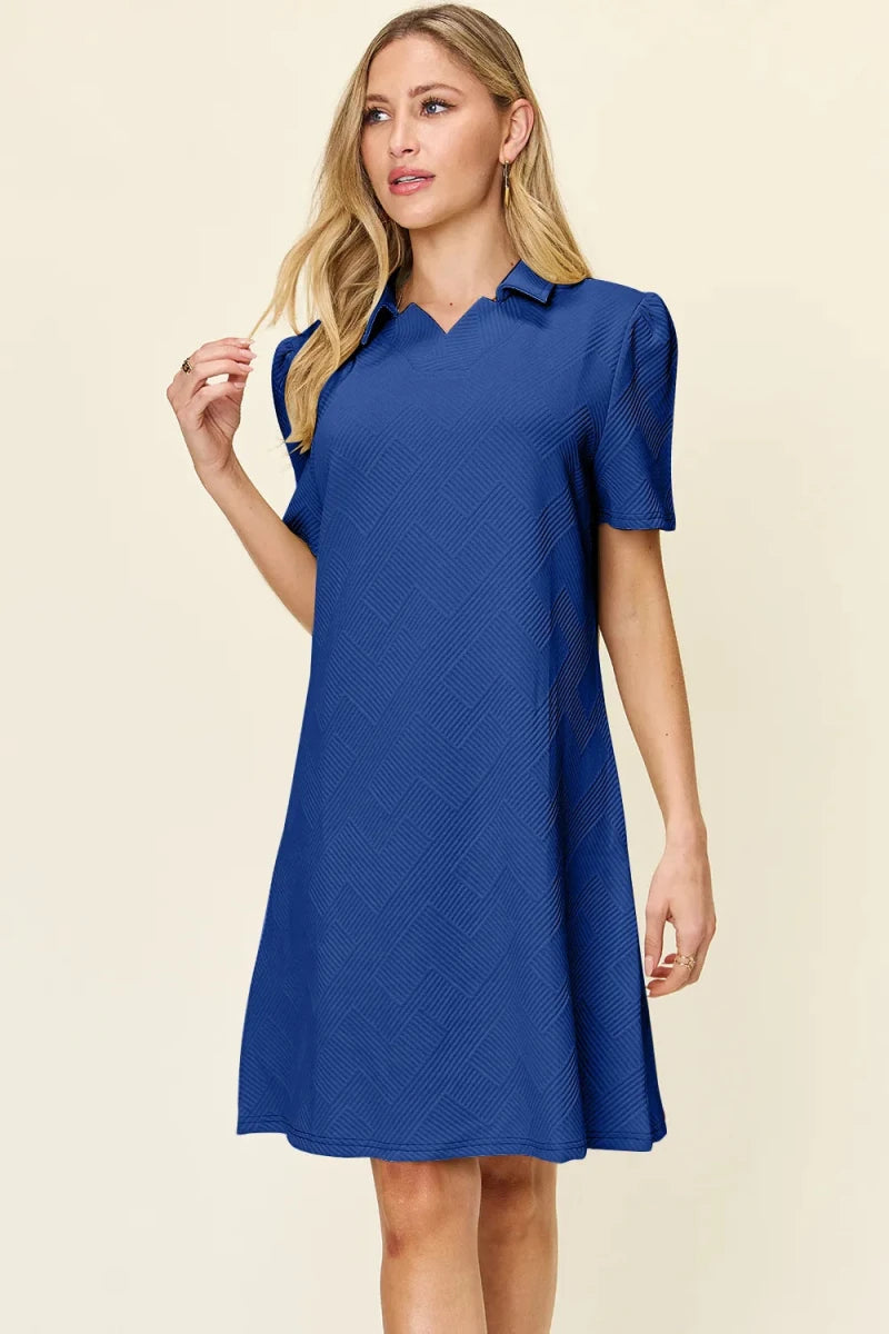 Double Take Full Size Texture Collared Neck Short Sleeve Dress - Q.B.Accessories