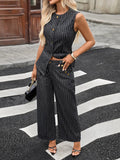Striped Button Down Tank and Pants Denim Set - Q.B.Accessories