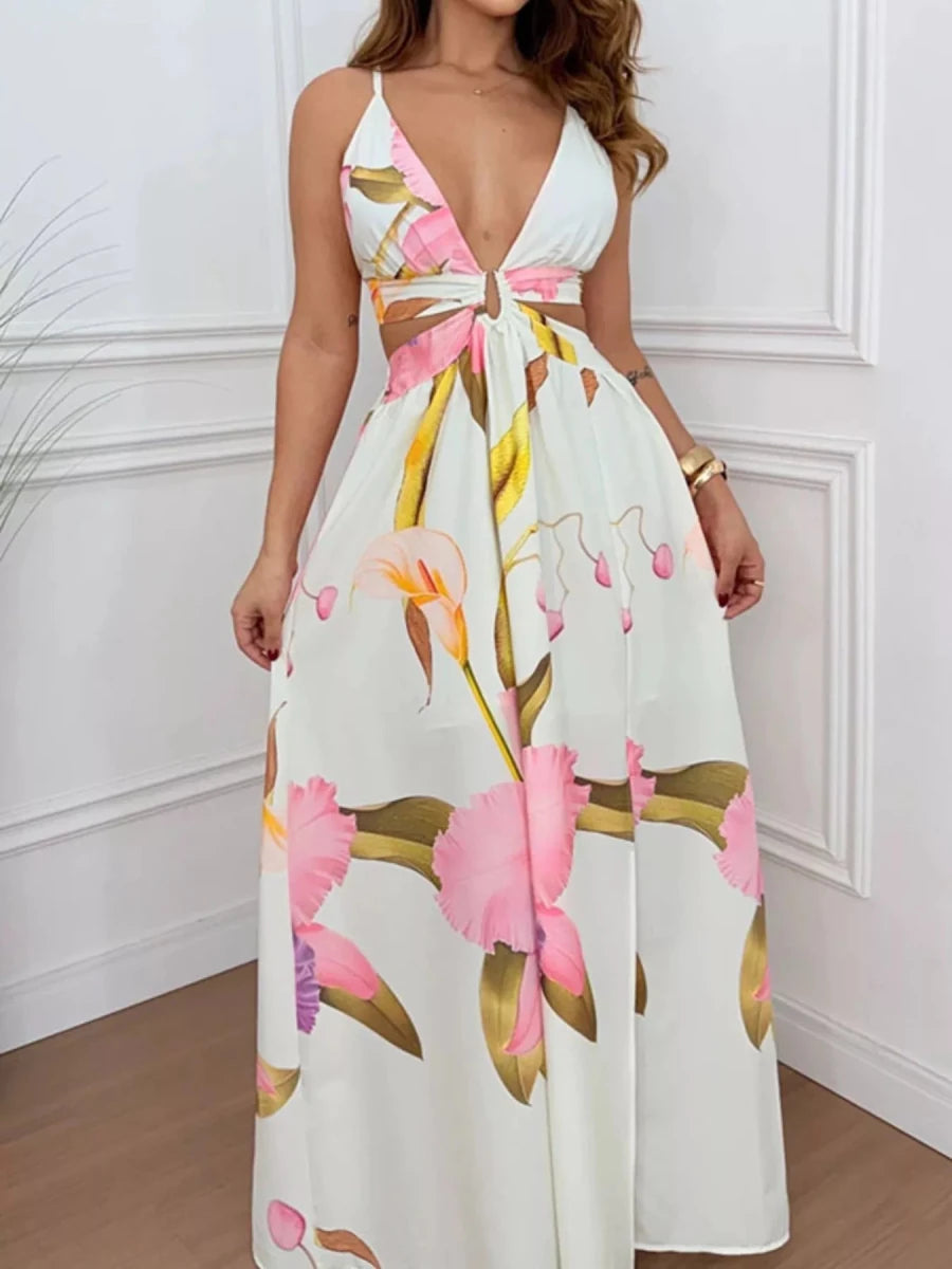 Tropical Print Plunge Cutout Slit Maxi Dress - Q.B.Accessories