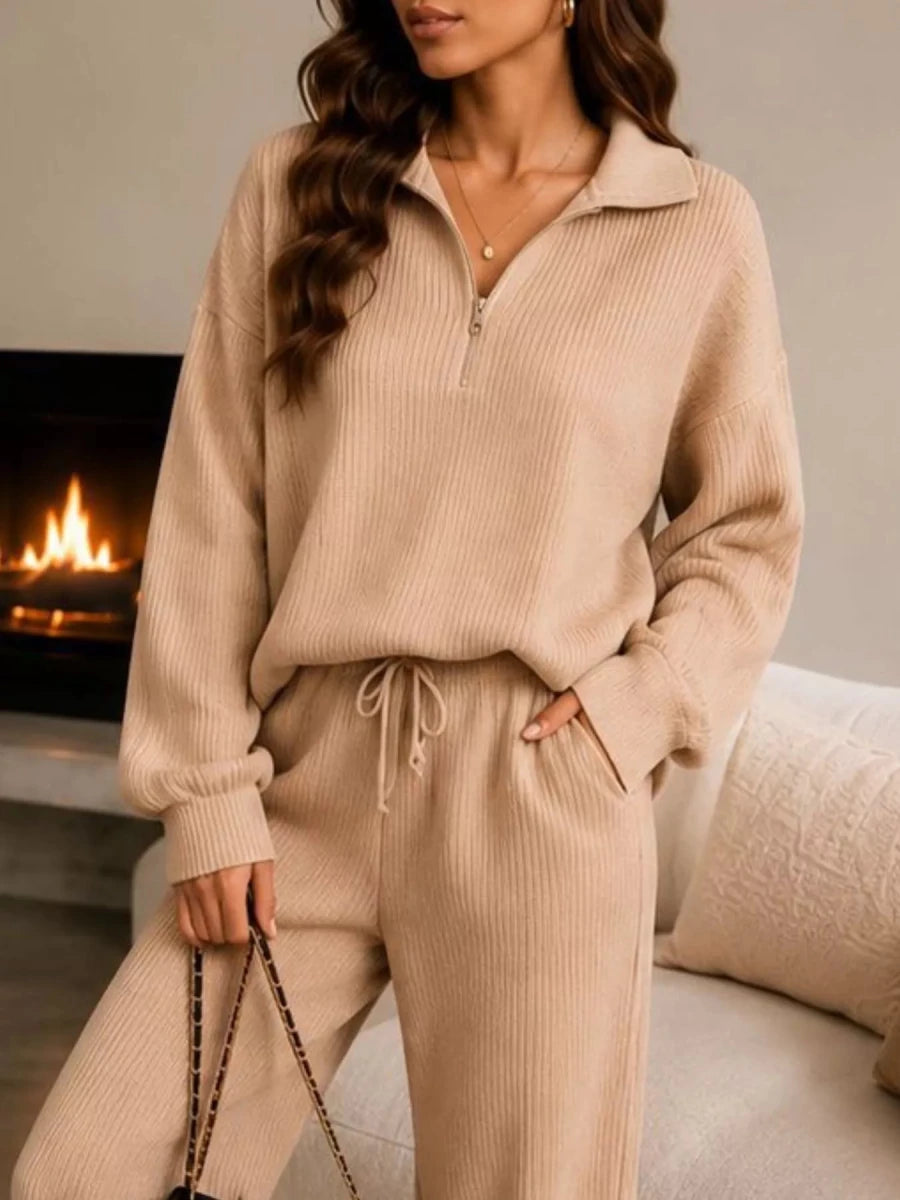 Ribbed Quarter-Zip Wide-Leg Pants Set - Q.B.Accessories