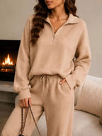 Ribbed Quarter-Zip Wide-Leg Pants Set - Q.B.Accessories