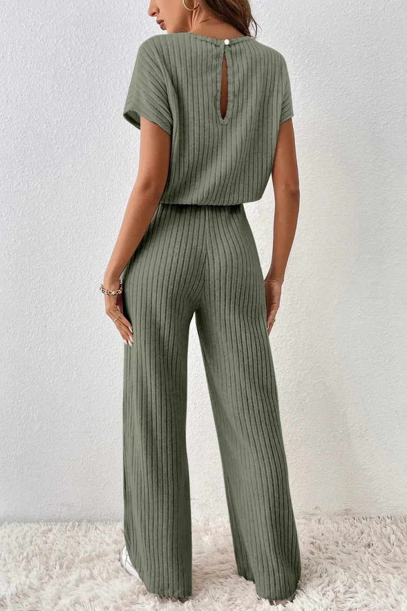 Ribbed Short Sleeve Wide Leg Jumpsuit - Q.B.Accessories