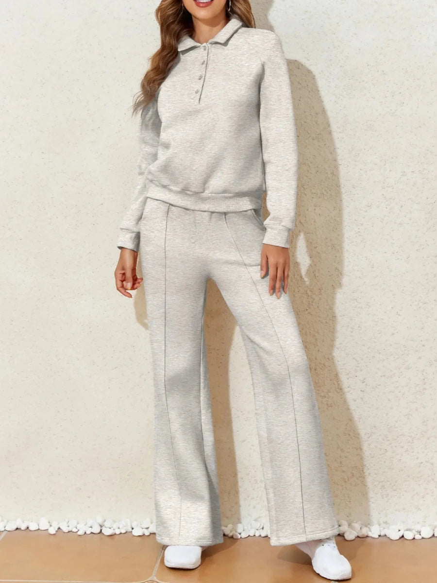 Collared Sweatshirt and High Waist Pants Active Set - Q.B.Accessories
