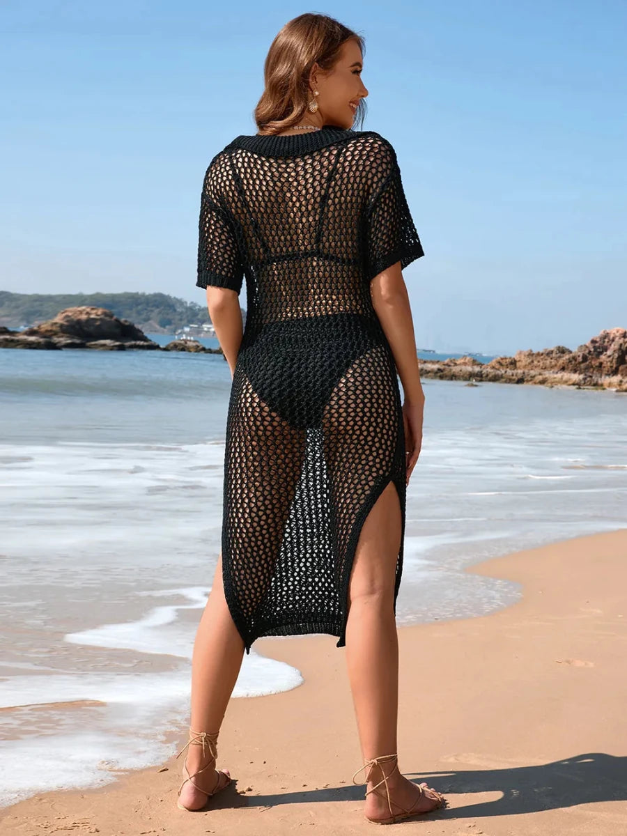 Slit Openwork Johnny Collar Short Sleeve Cover - Up - Q.B.Accessories