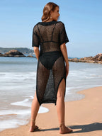 Slit Openwork Johnny Collar Short Sleeve Cover - Up - Q.B.Accessories