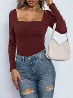 Square Neck Long Sleeve Bodysuit - Q.B.Accessories