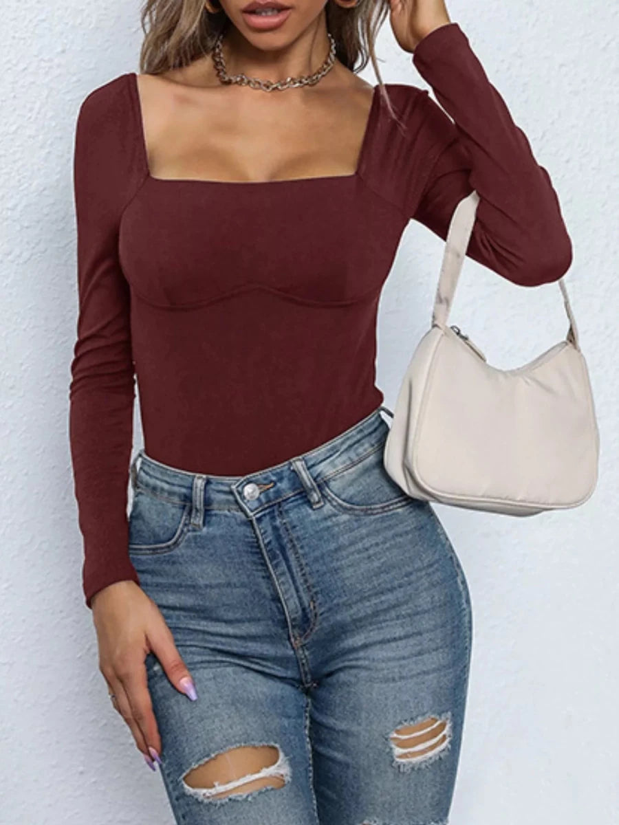 Square Neck Long Sleeve Bodysuit - Q.B.Accessories