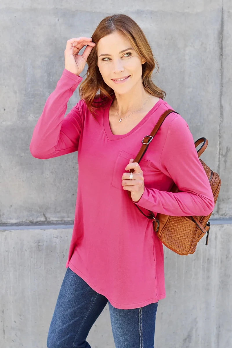 Essential V - Neck Long Sleeve Top – Everyday Comfort Fit | QBA - Q.B.Accessories
