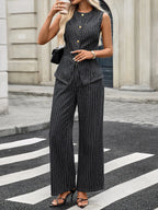 Striped Button Down Tank and Pants Denim Set - Q.B.Accessories