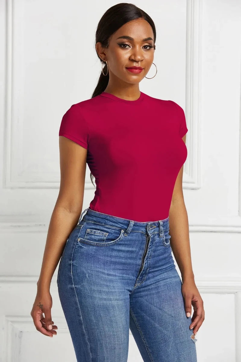 Round Neck Short Sleeve Bodysuit - Q.B.Accessories