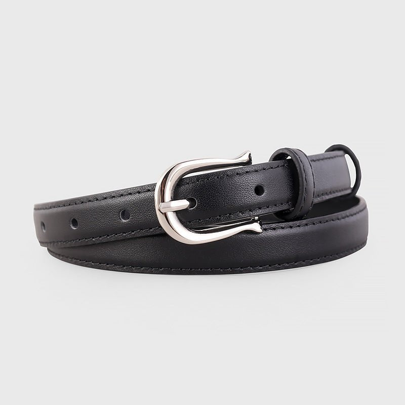 Leather Skinny Belt with Silver Buckle - Q.B.Accessories
