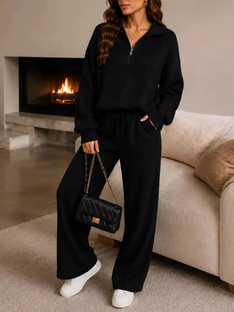 Ribbed Quarter-Zip Wide-Leg Pants Set - Q.B.Accessories