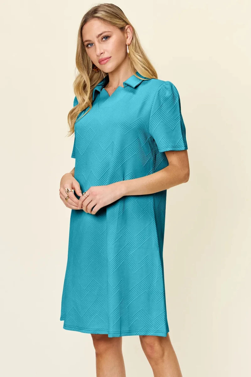 Double Take Full Size Texture Collared Neck Short Sleeve Dress - Q.B.Accessories