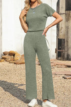 Ribbed Short Sleeve Wide Leg Jumpsuit - Q.B.Accessories