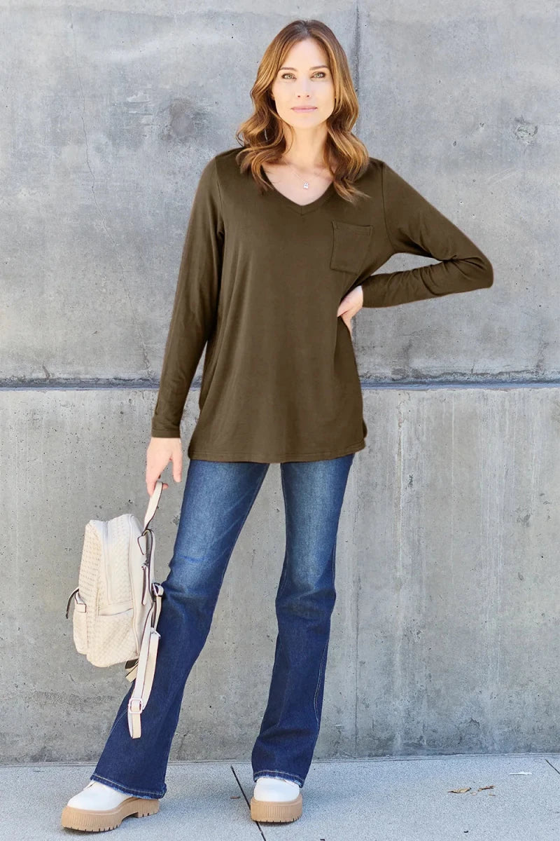 Essential V - Neck Long Sleeve Top – Everyday Comfort Fit | QBA - Q.B.Accessories