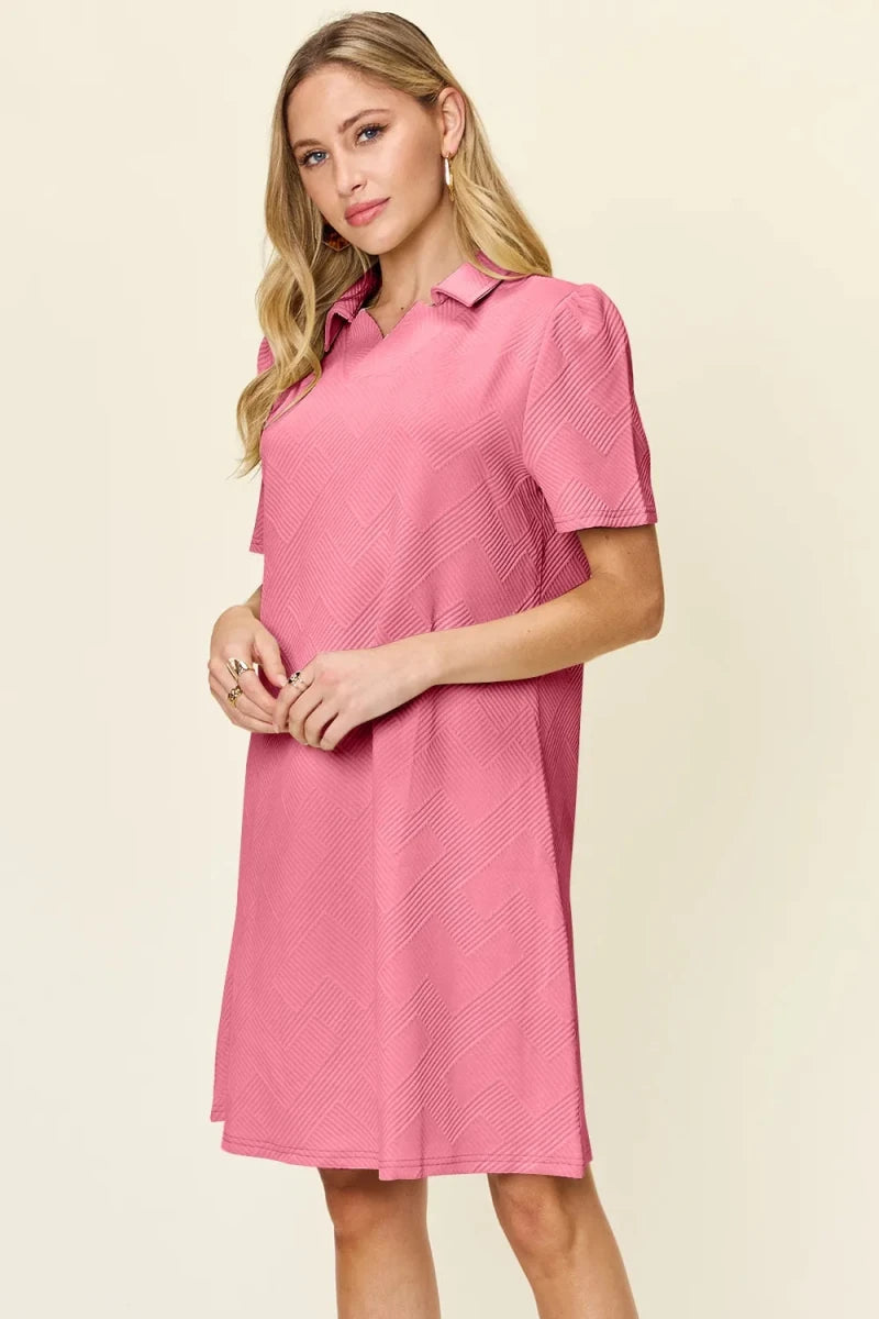 Double Take Full Size Texture Collared Neck Short Sleeve Dress - Q.B.Accessories