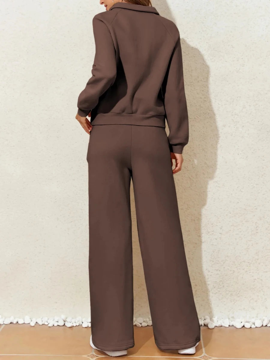 Collared Sweatshirt and High Waist Pants Active Set - Q.B.Accessories