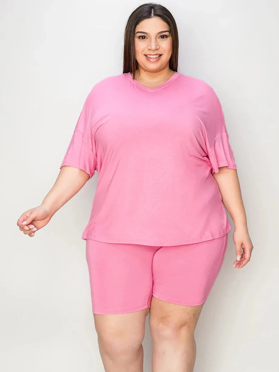 Basic Bae Full Size V - Neck Drop Shoulder T-Shirt and Shorts Set - Q.B.Accessories