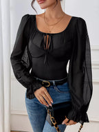 Tie Front Flounce Sleeve Bodysuit - Q.B.Accessories