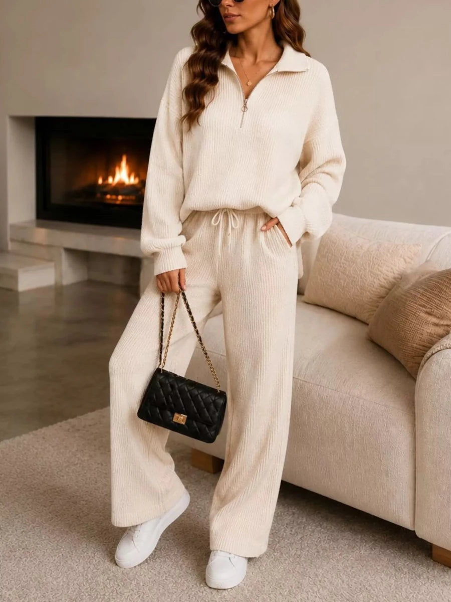 Ribbed Quarter-Zip Wide-Leg Pants Set - Q.B.Accessories