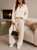 Ribbed Quarter-Zip Wide-Leg Pants Set - Q.B.Accessories