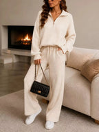 Ribbed Quarter-Zip Wide-Leg Pants Set - Q.B.Accessories