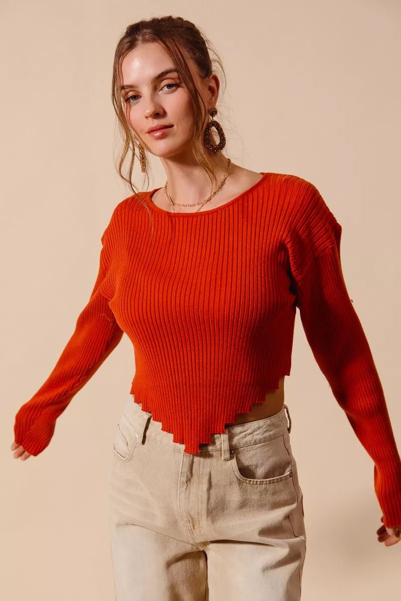 Ribbed Crop Sweater Top – Shaped Hem Detail | QBA - Q.B.Accessories