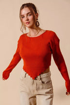 Ribbed Crop Sweater Top – Shaped Hem Detail | QBA - Q.B.Accessories