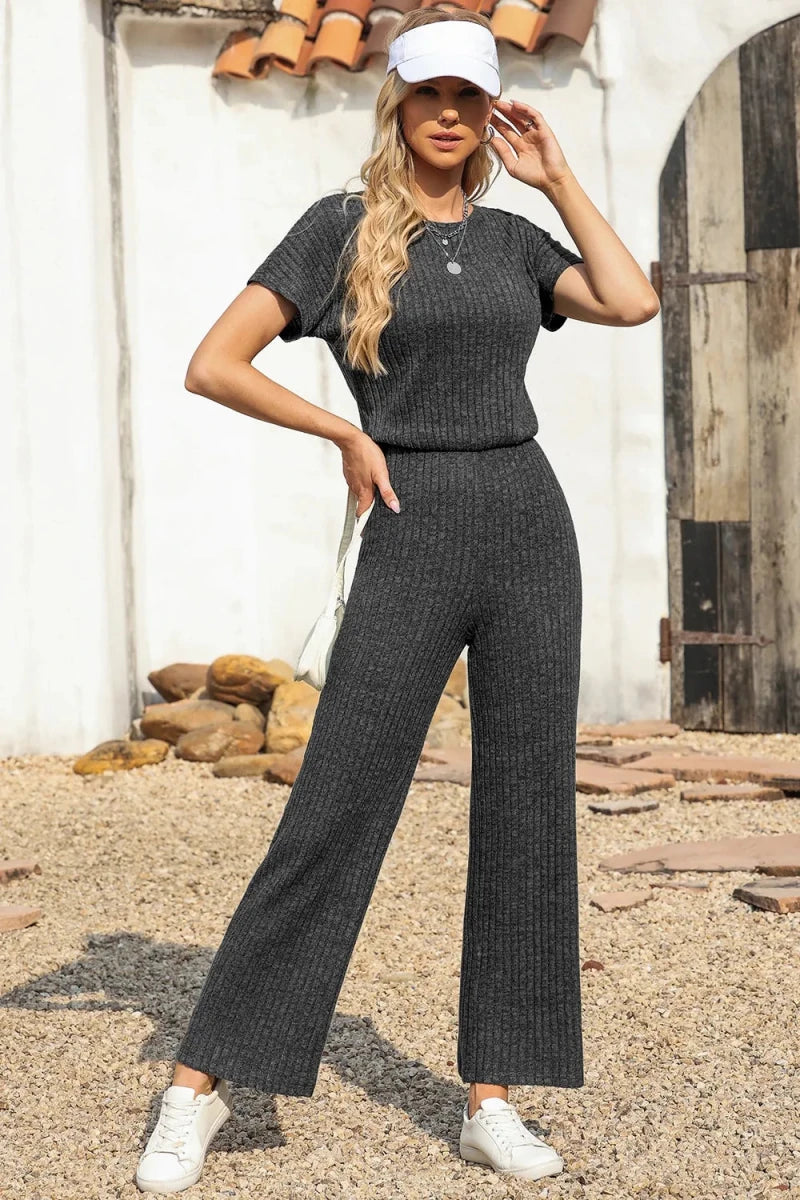 Ribbed Short Sleeve Wide Leg Jumpsuit - Q.B.Accessories