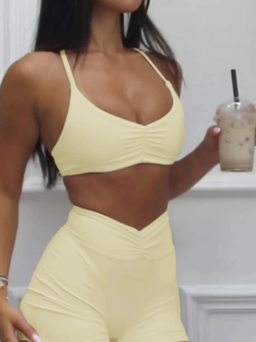 Ruched Sports Bra and High - Waisted Shorts Active Set - Q.B.Accessories