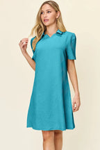 Double Take Full Size Texture Collared Neck Short Sleeve Dress - Q.B.Accessories