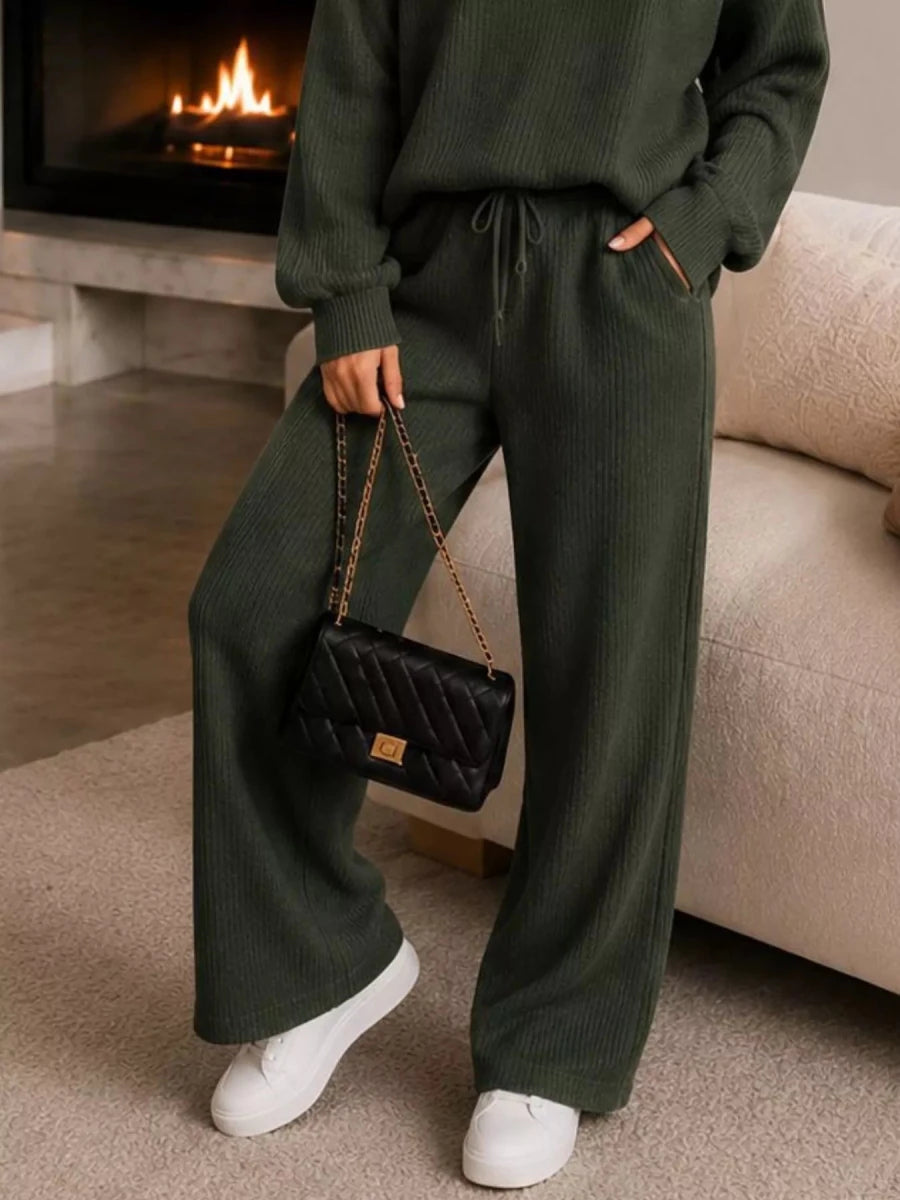 Ribbed Quarter-Zip Wide-Leg Pants Set - Q.B.Accessories