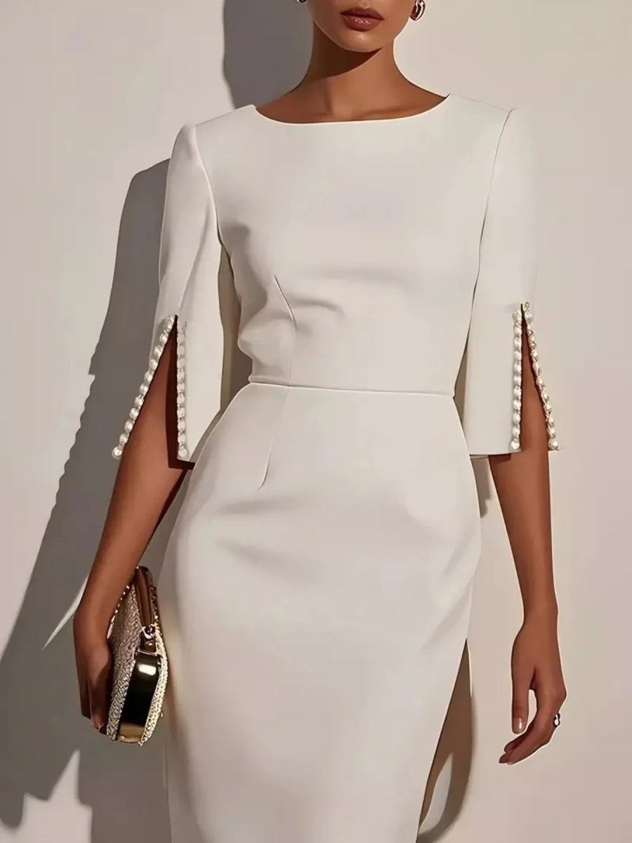 Slim - Fit Elegant Midi Dress with Beaded Slit Sleeve - Q.B.Accessories