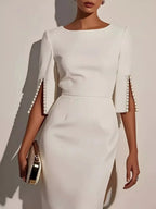 Slim - Fit Elegant Midi Dress with Beaded Slit Sleeve - Q.B.Accessories