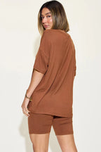 Basic Bae Full Size V - Neck Drop Shoulder T-Shirt and Shorts Set - Q.B.Accessories