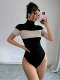 Color Block Turtleneck Ribbed Bodysuit - Q.B.Accessories