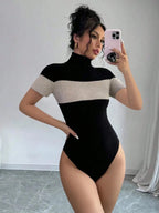 Color Block Turtleneck Ribbed Bodysuit - Q.B.Accessories