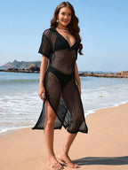 Slit Openwork Johnny Collar Short Sleeve Cover - Up - Q.B.Accessories