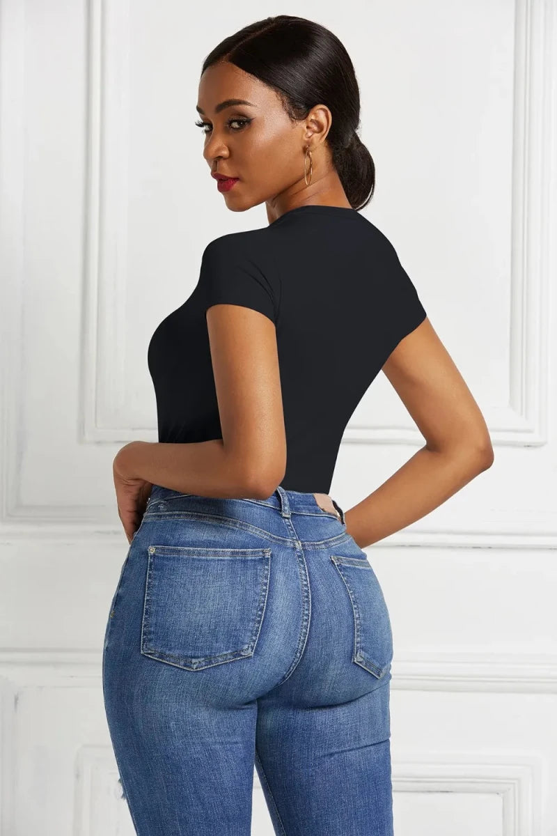 Round Neck Short Sleeve Bodysuit - Q.B.Accessories