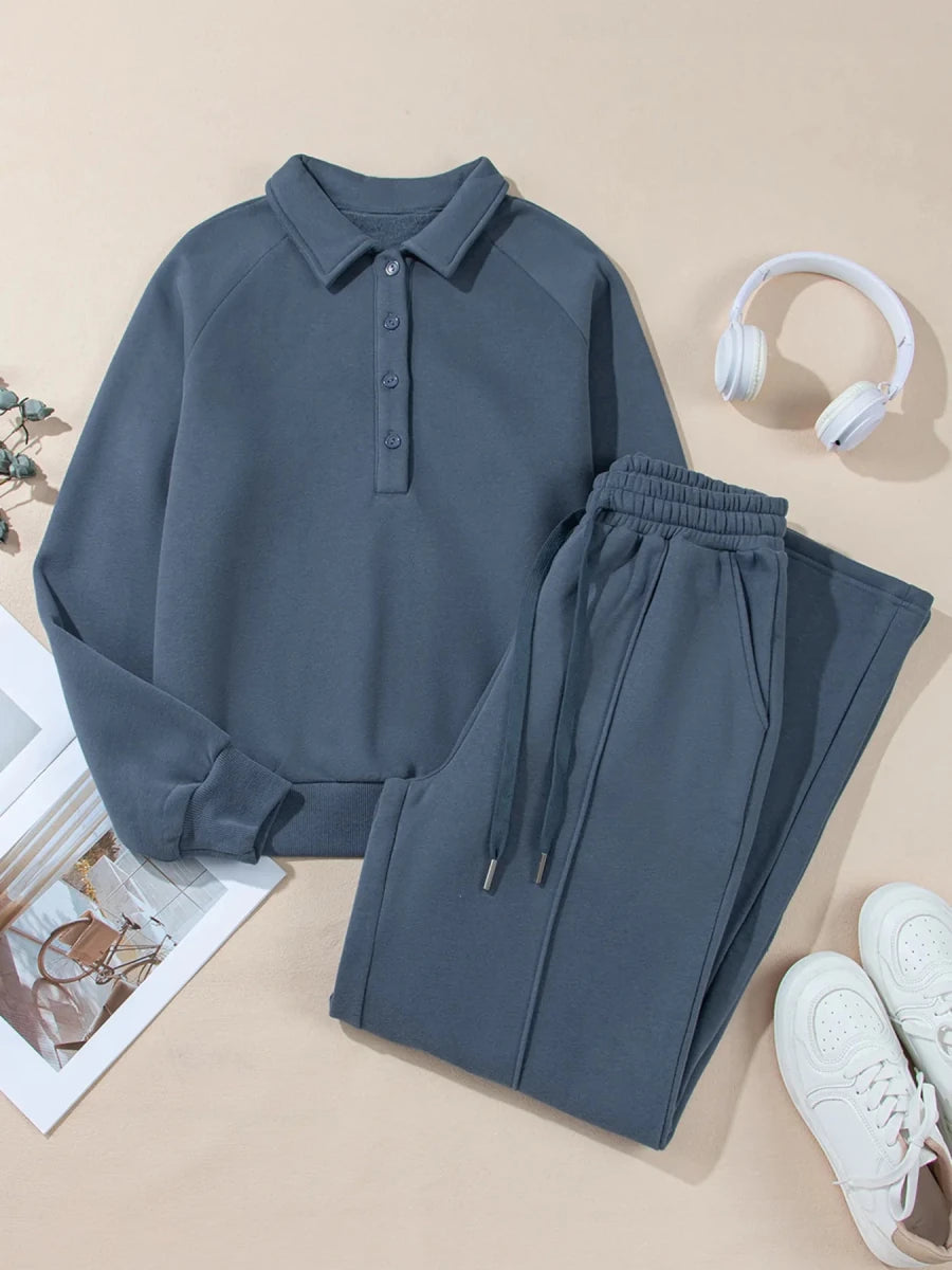Collared Sweatshirt and High Waist Pants Active Set - Q.B.Accessories